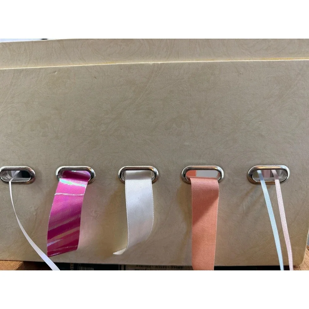 Vintage Style Cream Damask Ribbon‎ Organizer Box 5 Grommet Dispenser & 11 Rolls